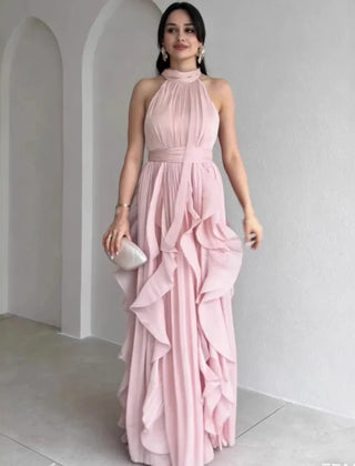 Light Pink Orea™ High Neck Gathered Ruffle Layers Maxi Dress
