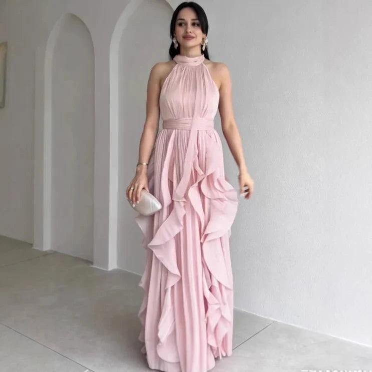 Light Pink Orea™ High Neck Gathered Ruffle Layers Maxi Dress