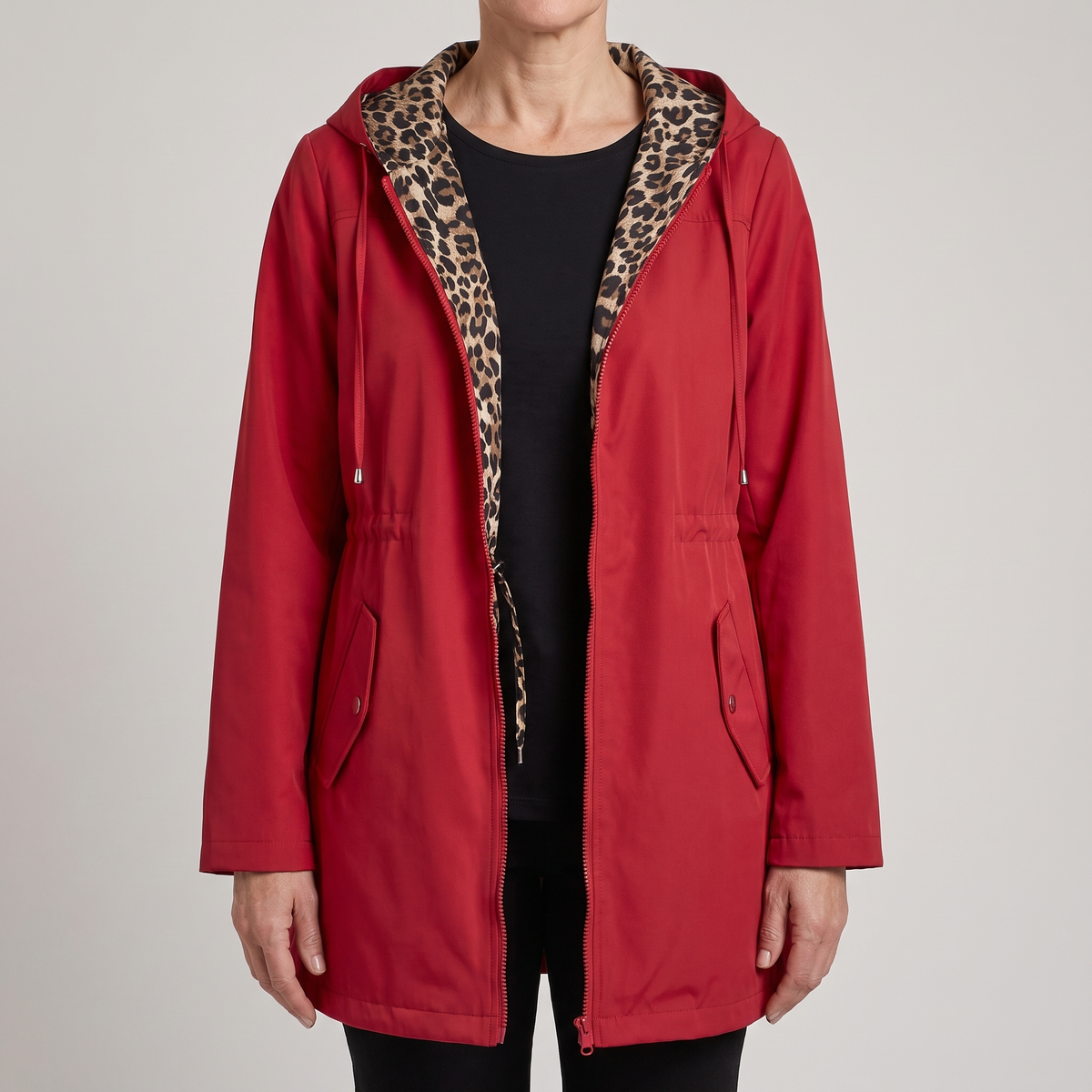 Elin Hooded Parka Coat - Red, worn