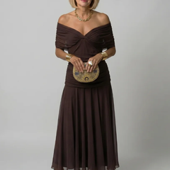 Brown Calen | Off Shoulder Flow Midi Dress