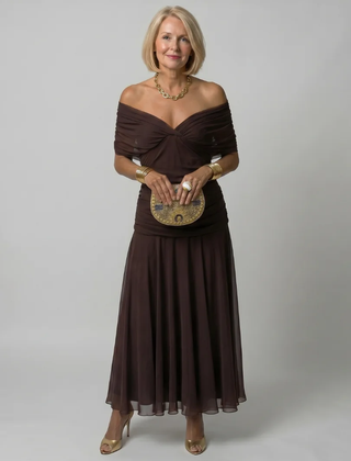 Brown Calen | Off Shoulder Flow Midi Dress