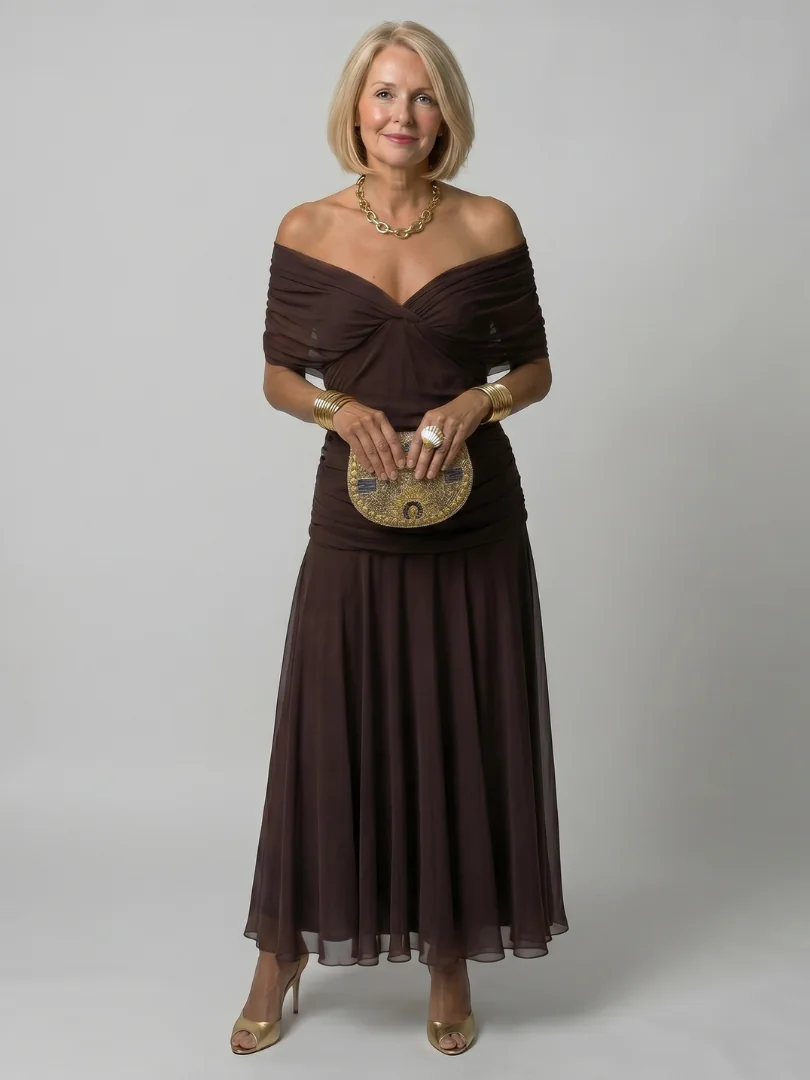 Brown Calen | Off Shoulder Flow Midi Dress