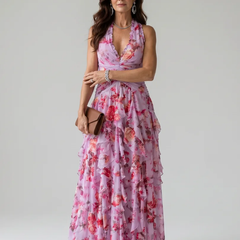 Pink Nori | Halter Neck Ruched Bodice Floral Maxi Dress