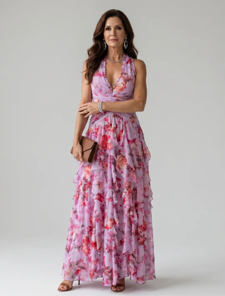 Pink Nori | Halter Neck Ruched Bodice Floral Maxi Dress