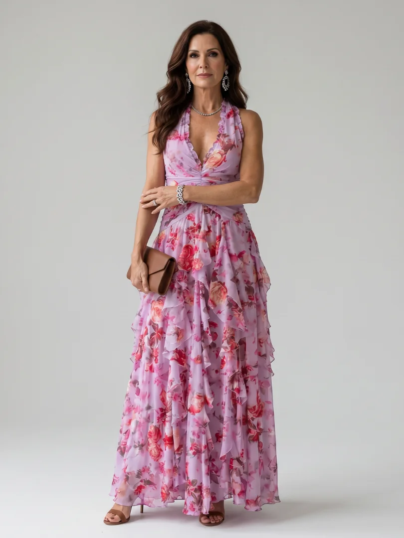 Pink Nori | Halter Neck Ruched Bodice Floral Maxi Dress