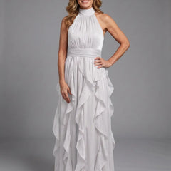 White Orea™ High Neck Gathered Ruffle Layers Maxi Dress