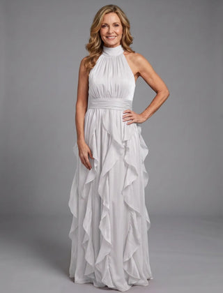 White Orea™ High Neck Gathered Ruffle Layers Maxi Dress