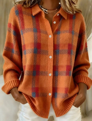 Orange Megan™ | Plaid Button-Up Knit Cardigan