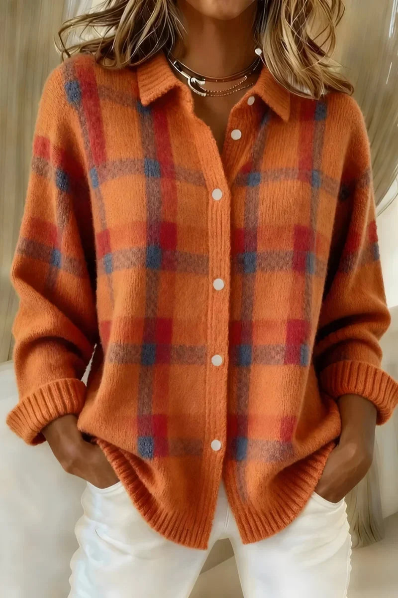 Orange Megan™ | Plaid Button-Up Knit Cardigan