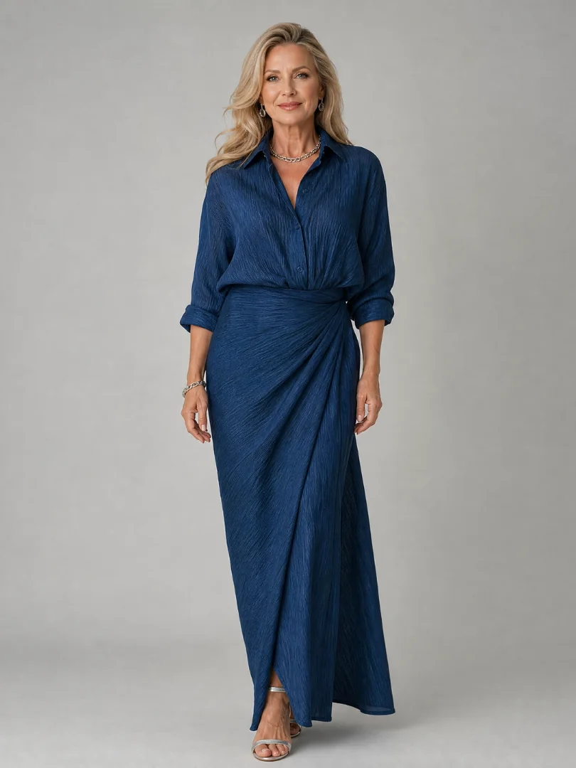 Navy Mirque | Long Sleeve Wrap Front Maxi Dress
