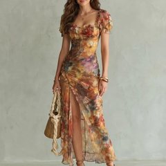 Multicolor Ciel | Ruffled Sleeve Ruched Slit Midi Dress