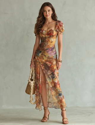 Multicolor Ciel | Ruffled Sleeve Ruched Slit Midi Dress