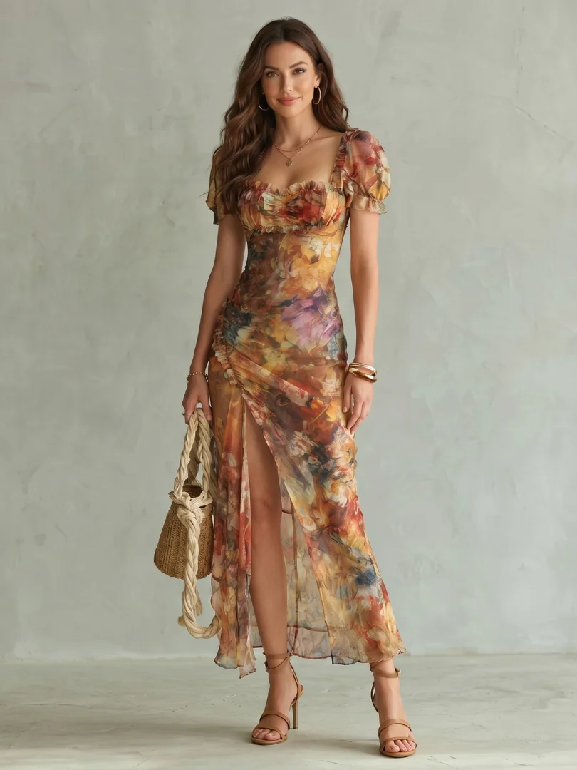 Multicolor Ciel | Ruffled Sleeve Ruched Slit Midi Dress