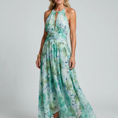 Green Portia | Pleated Halter Soft Floral Pattern Midi Dress
