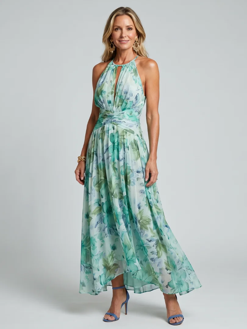 Green Portia | Pleated Halter Soft Floral Pattern Midi Dress