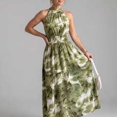 Green Olivia™ Gathered Waist Abstract Print Midi Dress