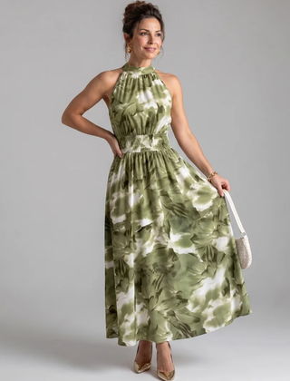 Green Olivia™ Gathered Waist Abstract Print Midi Dress