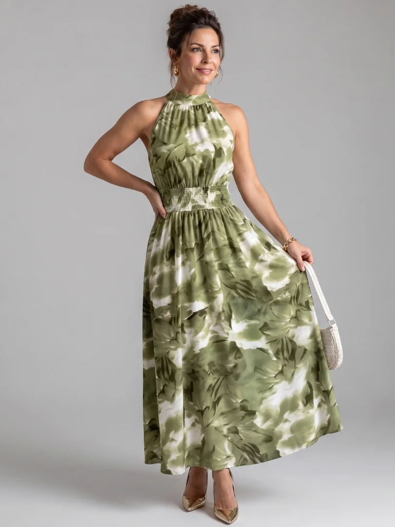 Green Olivia™ Gathered Waist Abstract Print Midi Dress