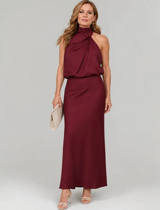 Burgundy Nopal | Sleeveless Draped Neck Midi Dress