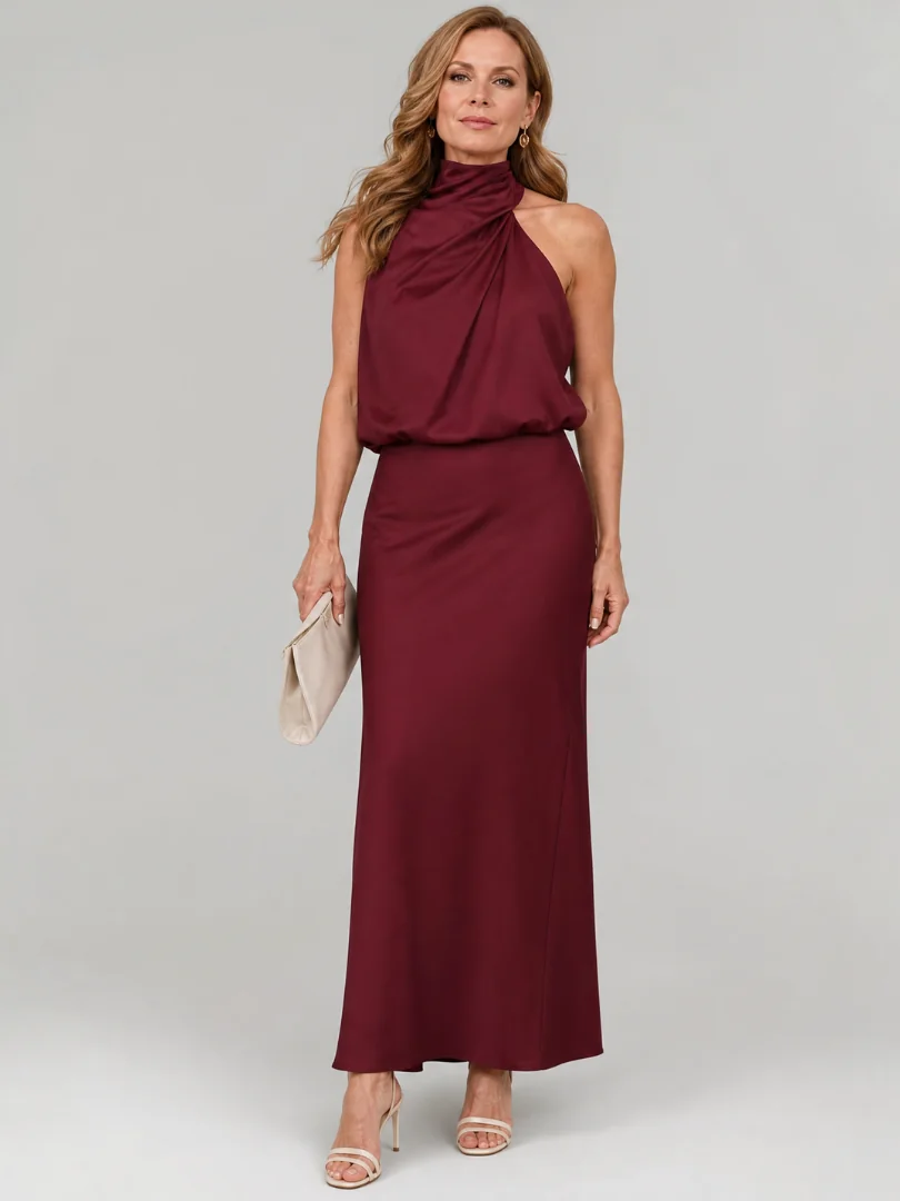 Burgundy Nopal | Sleeveless Draped Neck Midi Dress