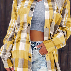 Nora Lightweight Plaid Shirt Jacket in Yellow, styled with denim shorts