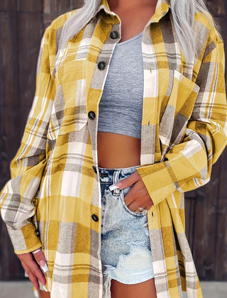 Nora Lightweight Plaid Shirt Jacket in Yellow, styled with denim shorts