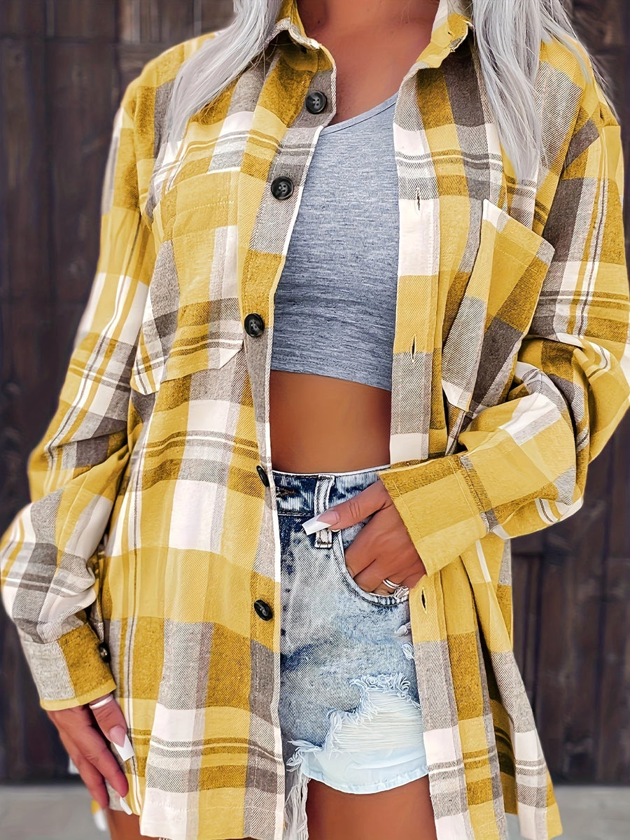 Nora Lightweight Plaid Shirt Jacket in Yellow, styled with denim shorts