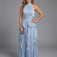 Sky Blue Orea™ High Neck Gathered Ruffle Layers Maxi Dress