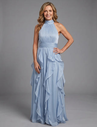 Sky Blue Orea™ High Neck Gathered Ruffle Layers Maxi Dress