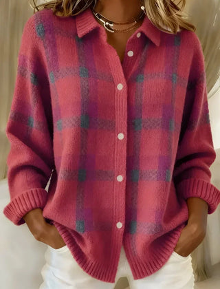 Pink Ashley™ | Classic Collared Plaid Cardigan
