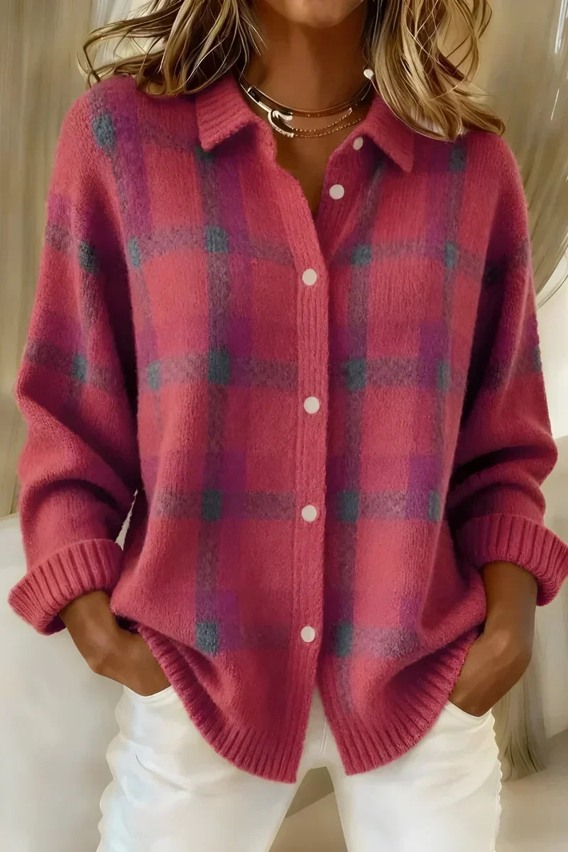 Pink Ashley™ | Classic Collared Plaid Cardigan
