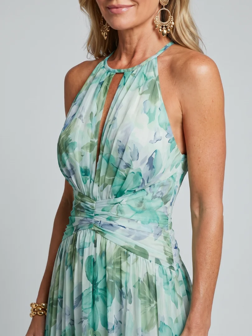 Portia | Pleated Halter Soft Floral Pattern Midi Dress - photo 2