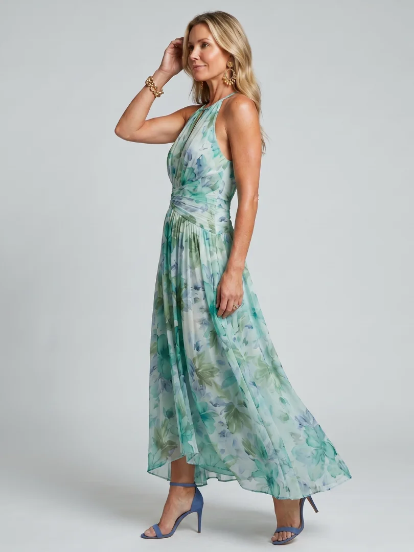 Portia | Pleated Halter Soft Floral Pattern Midi Dress - photo 1