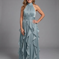 Dusty Blue Orea™ High Neck Gathered Ruffle Layers Maxi Dress