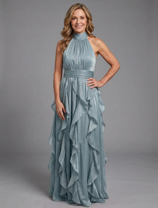 Dusty Blue Orea™ High Neck Gathered Ruffle Layers Maxi Dress