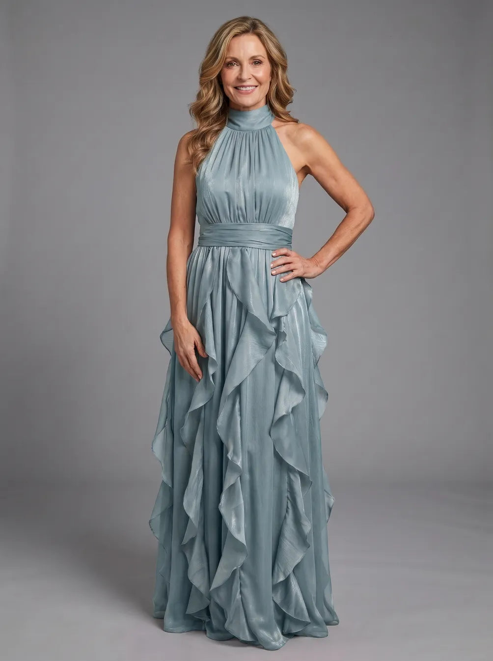 Dusty Blue Orea™ High Neck Gathered Ruffle Layers Maxi Dress