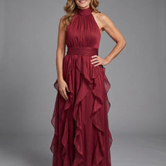 Red Orea™ High Neck Gathered Ruffle Layers Maxi Dress