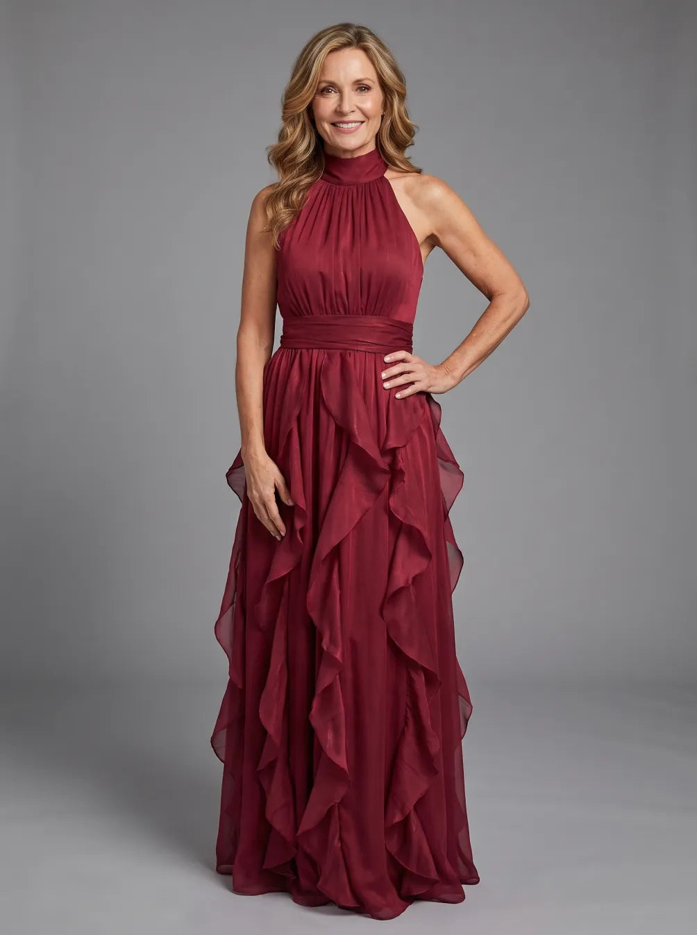 Red Orea™ High Neck Gathered Ruffle Layers Maxi Dress