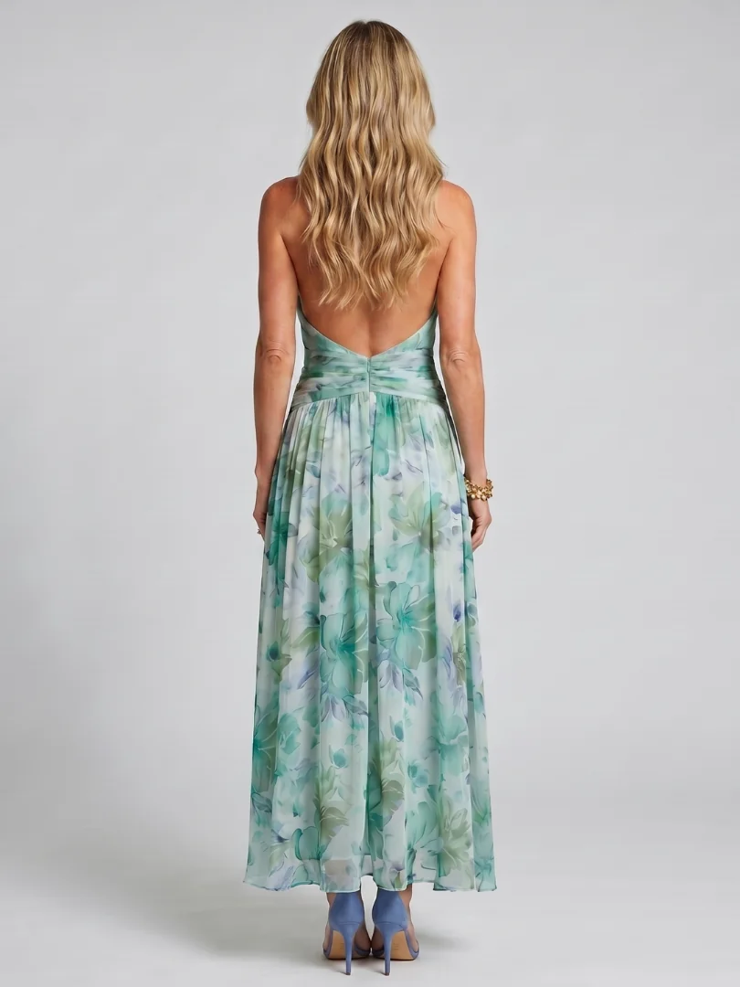 Portia | Pleated Halter Soft Floral Pattern Midi Dress - photo 3