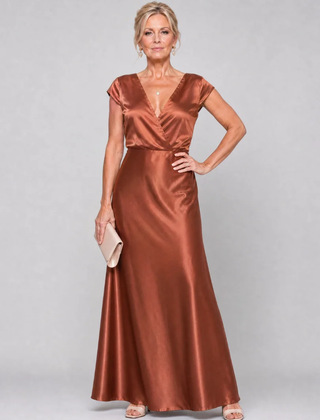 Brown Samouse™ Cap Sleeve Wrap Bodice Maxi Dress