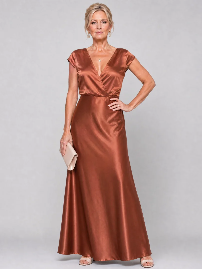 Brown Samouse™ Cap Sleeve Wrap Bodice Maxi Dress