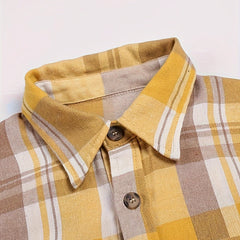 Nora Lightweight Plaid Shirt Jacket in Yellow, collar and button detail