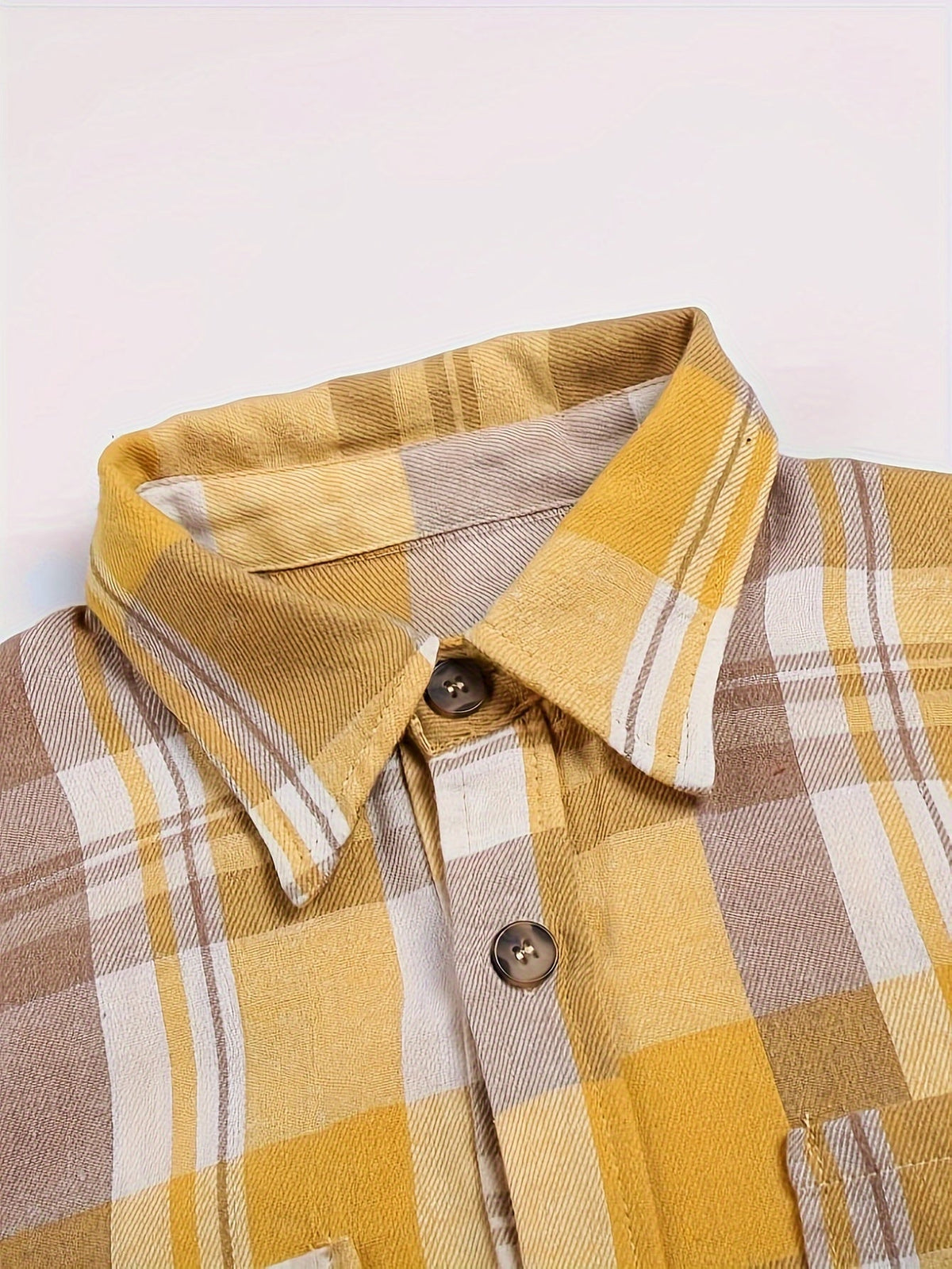 Nora Lightweight Plaid Shirt Jacket in Yellow, collar and button detail