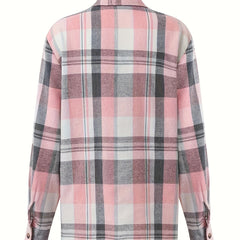 Nora Lightweight Plaid Shirt Jacket in Pink, back view
