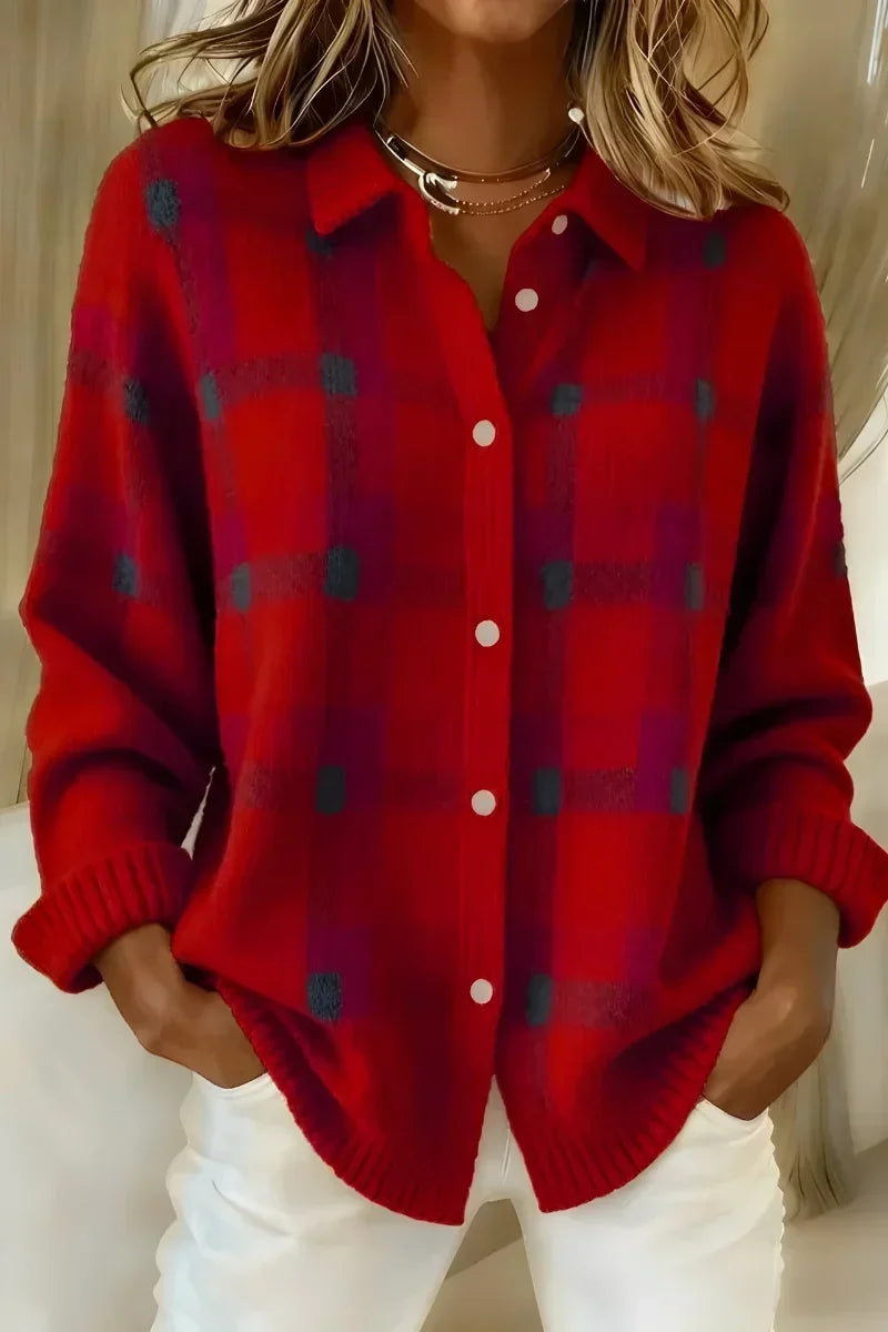 Red Brittany™ | Soft Plaid Button Cardigan