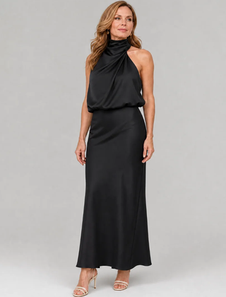 Black Nopal | Sleeveless Draped Neck Midi Dress