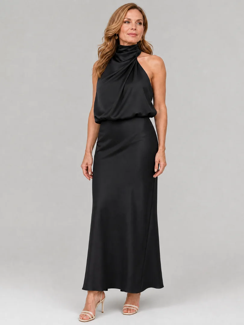 Black Nopal | Sleeveless Draped Neck Midi Dress