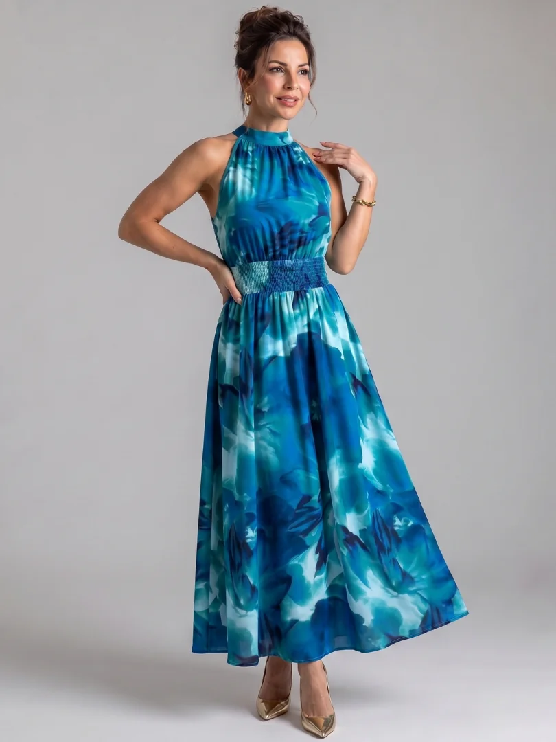 Blue Olivia™ Gathered Waist Abstract Print Midi Dress