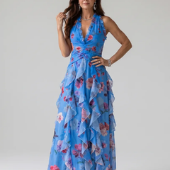Blue Nori | Halter Neck Ruched Bodice Floral Maxi Dress