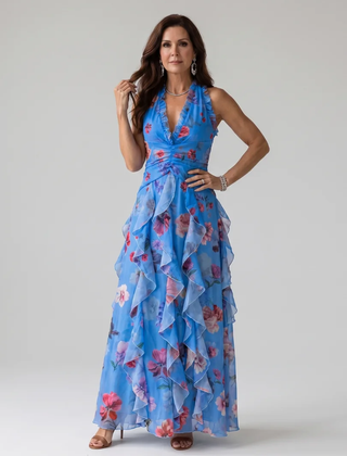 Blue Nori | Halter Neck Ruched Bodice Floral Maxi Dress